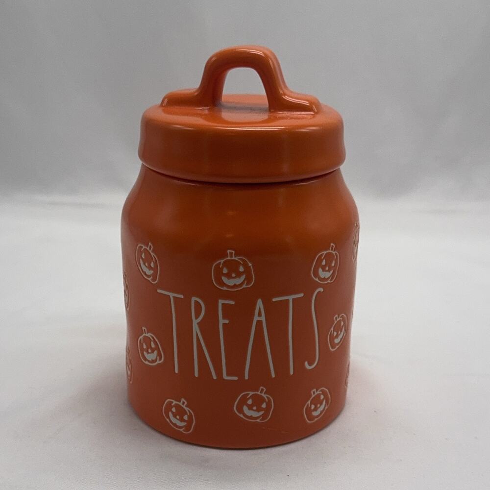 Rae Dunn TREATS Canister Pumpkin Orange Ceramic Halloween 7" Tall